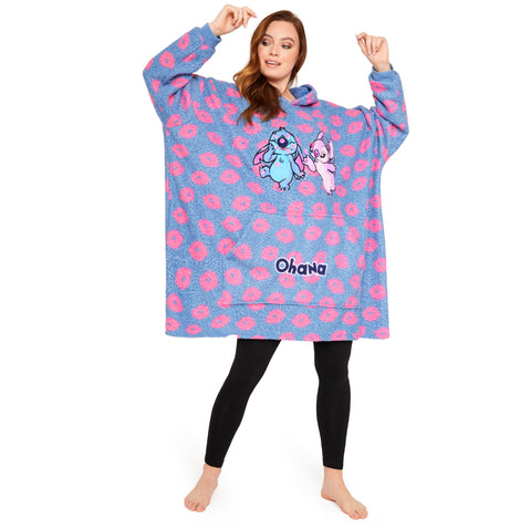 Disney Stitch Oversized Blanket Hoodie for Women Teens Evil Queen Stitch Fleece Hooded Blanket - Stitch Gifts (Blue Stitch/Angel)