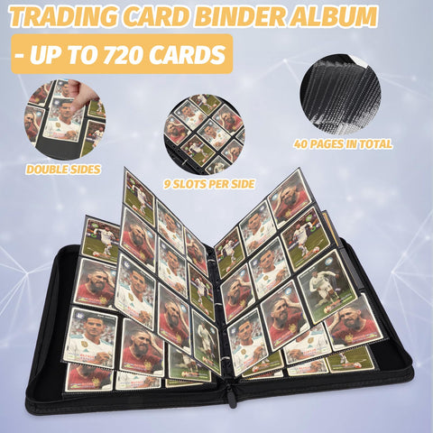 GERMUN 9 Pocket Card Binder, Premium Zip Trading Card Binder, 720 Double Sided Pocket PU Collection Binder, Collector Album, Card Folder for MTG, TCG, Sports Cards, (Black)