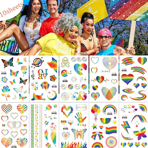Rainbow Temporary Tattoos -10 Sheets (85PCS) Pride Day Rainbow Tattoo Stickers Birthday Rainbow Party Decorations Supplies Party Favors Decor for Kids Girls Boys Gifts Classroom School Prizes Reward