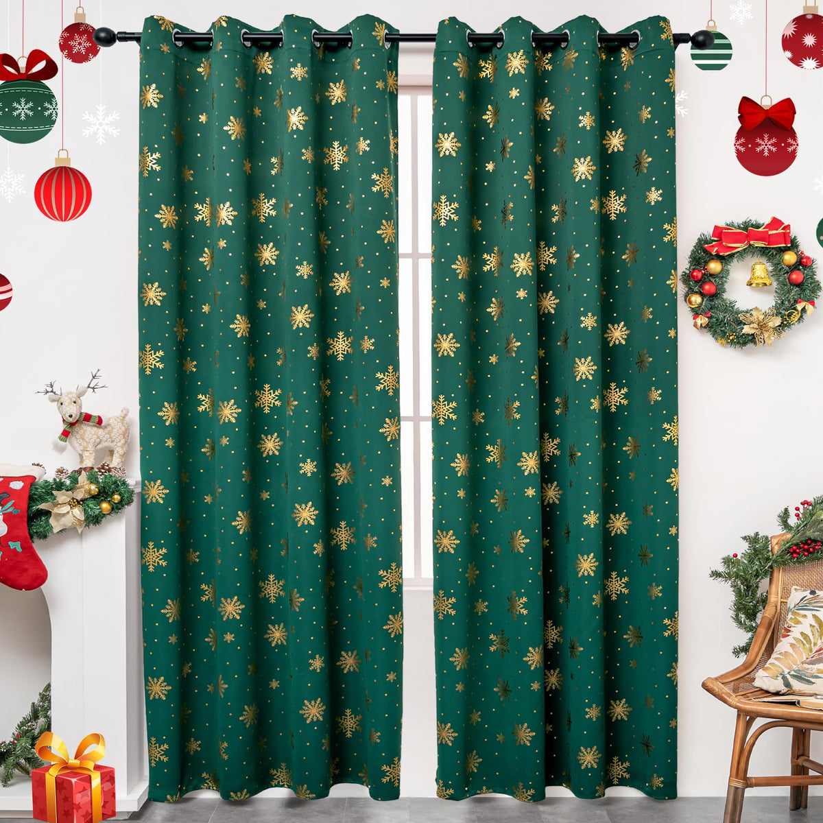 Karseteli Snowflake Christmas Curtains for Living Room, Luxury Gold Foil Print Blackout Curtains, Xmas Decorations and Holiday Decor Set of 2 Panels Green 52 x 84 Inch