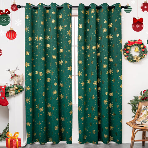 Karseteli Snowflake Christmas Curtains for Living Room, Luxury Gold Foil Print Blackout Curtains, Xmas Decorations and Holiday Decor Set of 2 Panels Green 52 x 84 Inch