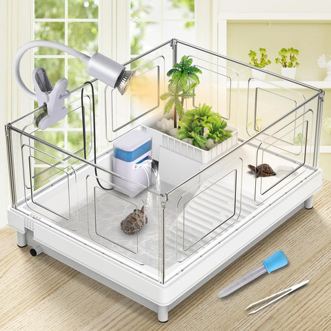 POBOMVOM Small Turtle Tank with Filter and Light, Acrylic Turtle Tank Starter Kit, Turtle Aquarium with Platform, Bottom Drain for Small Reptiles (16.1" x 12.6" x 8.6"), White