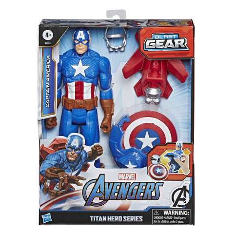 Avengers Marvel Titan Hero Series Blast Gear Captain America, 12-Inch Toy, with Launcher, 2 Accessories and Projectile, Ages 4 and Up , Blue