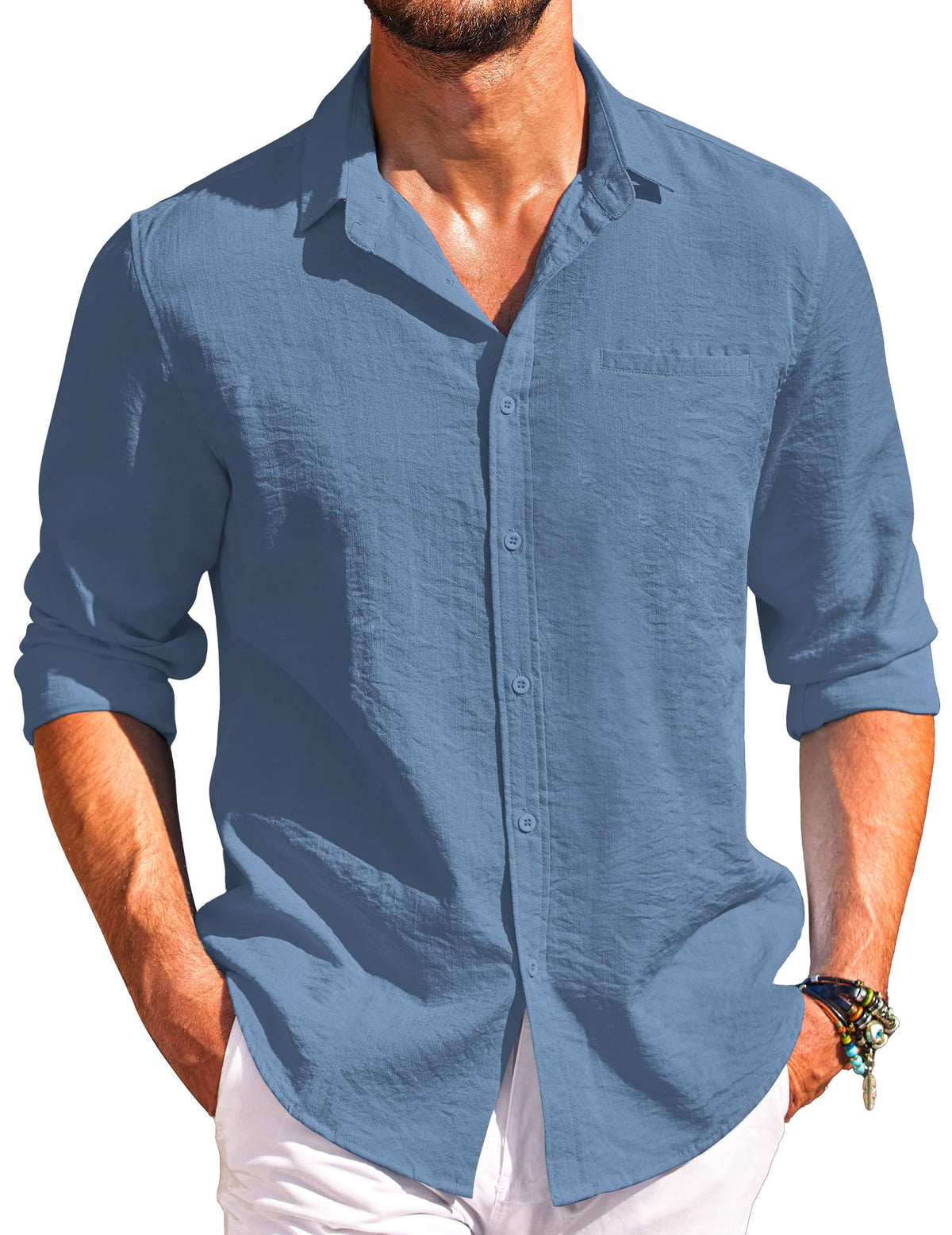COOFANDY Men's Casual Button Down Shirt Long Sleeve Linen Shirts Chambray Shirt Denim Blue