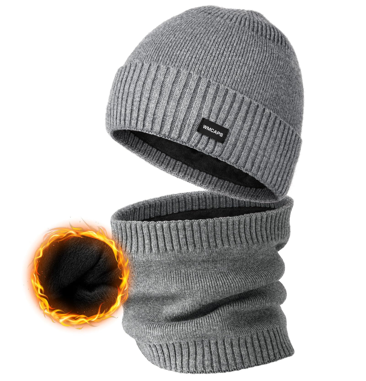 Wmcaps Winter Hats Scarf Set for Men, Thermal Knit Beanies and Circle Scarf, Unisex Neck Warmer Fleece Hat, Skiing Gift Sets for Men and Women?Light Grey