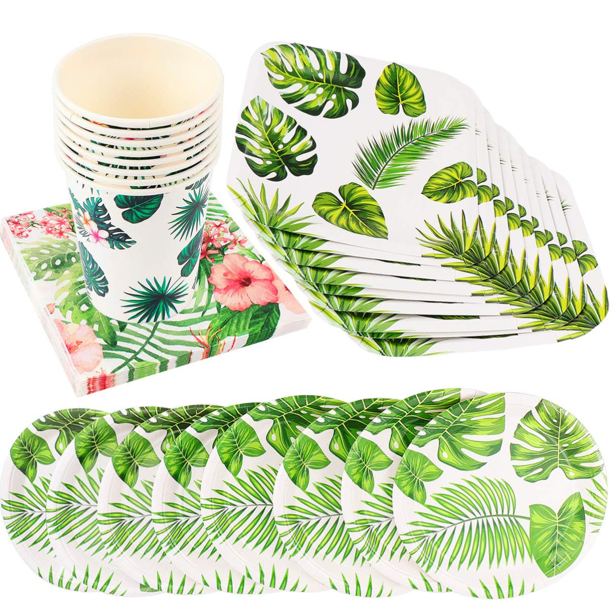 1 Set Dinner Plates Hawaiian Party Supplies Hawaii Party Napkins Paper Plate Disposable Jungle Party Cup Paper Cups Disposable Food Plate Jungle Decorations Leaves Banquet Summer