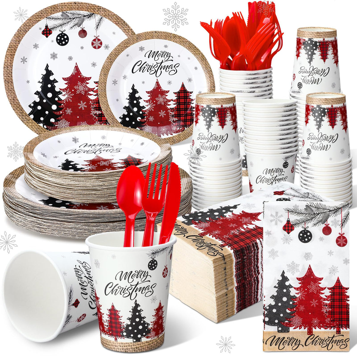 Sinmoe 400 Pcs Christmas Dinnerware Set Disposable Christmas Plates and Napkins Set Serve 50 Winter Xmas Paper Dinner Plates Napkins Cups Christmas Party Supplies for Holiday(Red, Black,Xmas Tree)