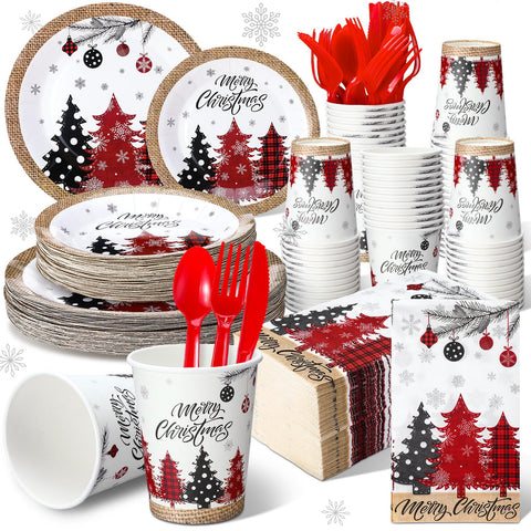 Sinmoe 400 Pcs Christmas Dinnerware Set Disposable Christmas Plates and Napkins Set Serve 50 Winter Xmas Paper Dinner Plates Napkins Cups Christmas Party Supplies for Holiday(Red, Black,Xmas Tree)
