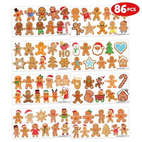 Gingerbread Man Temporary Tattoos for Kids | Merry Christmas Themed Birthday Party Decorations Supplies Favors and Gifts Super Cute Noel Santa Fake 86PCS Tattoos Stickers for Boys Girls School Rewards