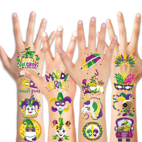 HOWAF 96 Pieces Mardi Gras Temporary Tattoos, 48 Styles New Orleans Party Temporary Tattoos Stickers for Kid, Mardi Gras Themed Fake Tattoos with Crown, Mask Design for Masquerade Party Decoration