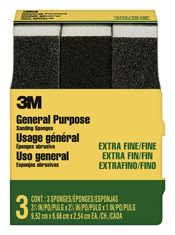 3M Sanding Sponge, 3-3/4-in x 2-5/8-in x 1-in, Extra Fine/Fine, 3-Pack