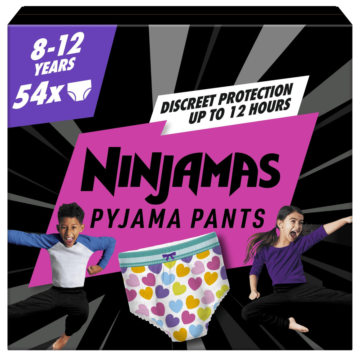 Pampers Ninjamas Pyjama Pants Unisex Hearts, 8 - 12 Years, 54 Pyjama Pants, 27kg - 43kg, All-Night Leak Protection, Packaging may vary