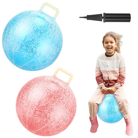 Poen 2 Pcs Bouncing Ball with Handle, Hopper Ball Jumping Hopping Ball with Air Pump, Bouncy Ball for Kids Exercise Ball for Boys Girls Gifts Games(18 Inch,Glitter Red, Glitter Blue)
