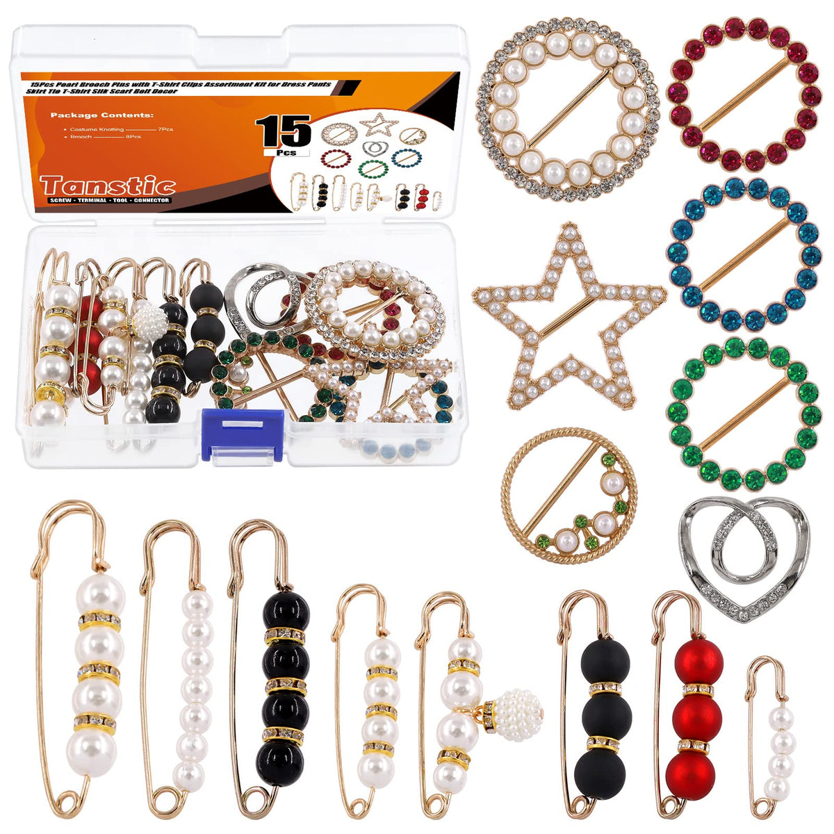 Tanstic 15Pcs Pearl Brooch Pins with Metal T-Shirt Clips, Sweater Shawl Pins, Faux Pearl Collar Safety Pins, Scarf Ring Clips, Pearl Rhinestone Circle Clip Buckle for Clothing Decoration Accessories