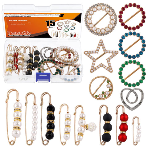Tanstic 15Pcs Pearl Brooch Pins with Metal T-Shirt Clips, Sweater Shawl Pins, Faux Pearl Collar Safety Pins, Scarf Ring Clips, Pearl Rhinestone Circle Clip Buckle for Clothing Decoration Accessories