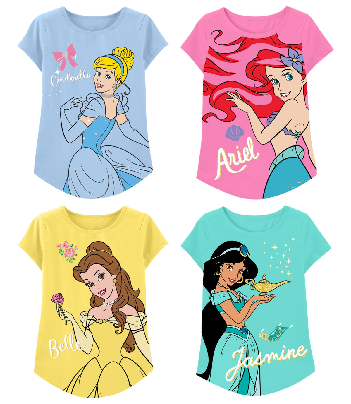 Disney Princess T-Shirts (4-Pack) Girls Short Sleeve Aurora, Cinderella, Snow White, Jasmine, Rapunzel, Ariel, Moana, Tiana 5T Lb/Pk/Y/T SS