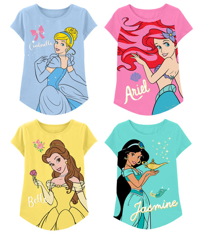 Disney Princess T-Shirts (4-Pack) Girls Short Sleeve Aurora, Cinderella, Snow White, Jasmine, Rapunzel, Ariel, Moana, Tiana 5T Lb/Pk/Y/T SS