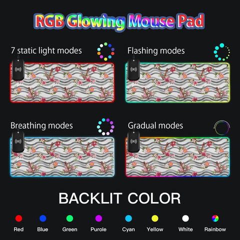 Anchor Flowers Sea Waves Wireless Charging Mouse Pad for Mobile Phone Extra Large Gaming Mousepad with 13 Lighting Modes Mouse Mat for Gaming MacBook PC Laptop Desk Office Home