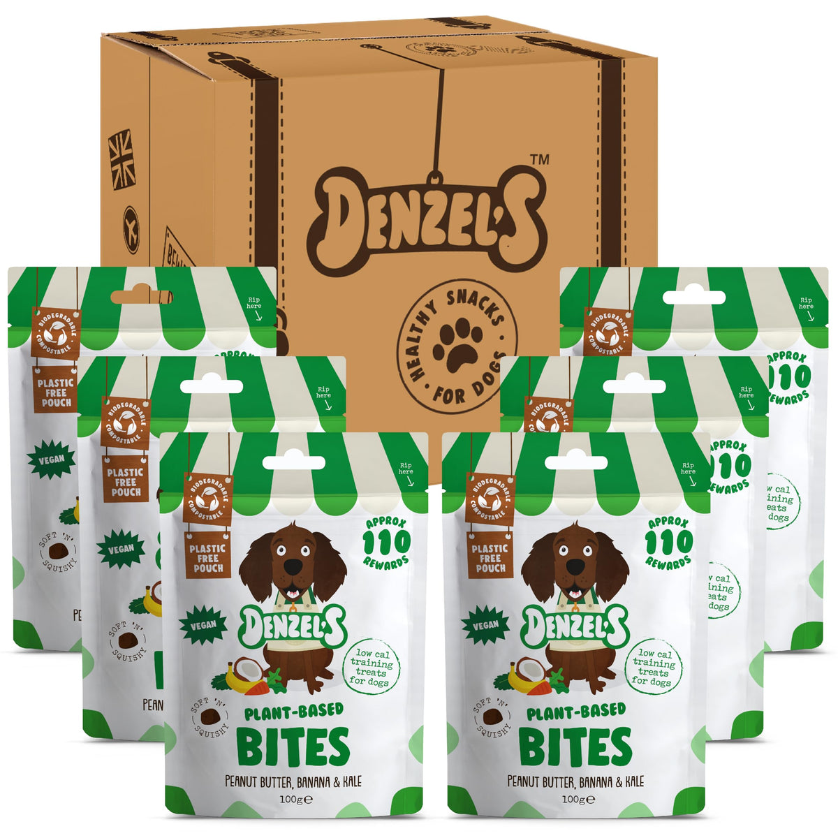 Denzel's Bites - Soft Baked Vegan Dog Treats - Peanut Butter, Banana & Kale Training Treats (6 x 100g)