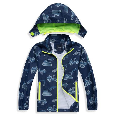 IjnUhb Waterproof Boys&Girls Rain Jacket Lightweight Zipper Hoodies for Kids Dinosaurs Coat Outerwear ?Navy truck 9Years?