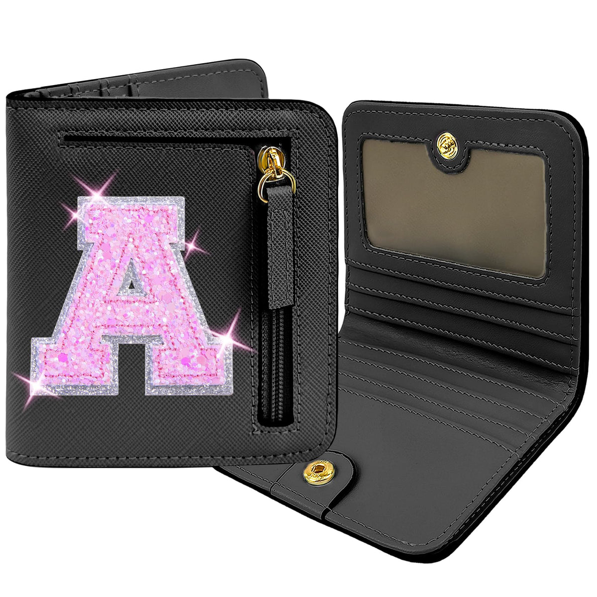 COSHAYSOO Initial Wallet RFID Small Bifold Slim Letter Wallet for Women Teenager Girls Travel Daily Necessities Credit Cards Money Cash Coin Organizer, Black, Compact, A
