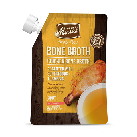 Merrick Grain Free Bone Broth, Premium Human Grade And Gluten Free Dog And Cat Food Topper Pouches, Chicken