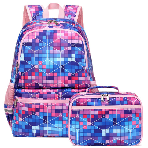 Octsky Kids Backpack for School Girls Boys Backpack with Lunch Box Set Elementary Bookbag Backpack(Grid-blue)