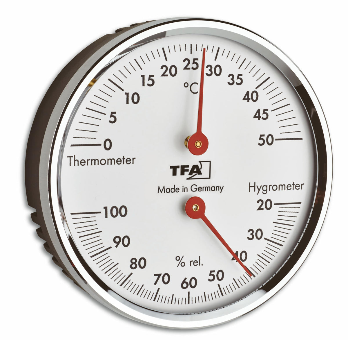 TFA Dostmann 45.2041.42 Analogue Thermo-Hygrometer with Metal Ring for Temperature and Humidity Control, Silver, L120 x W29 x H235 mm
