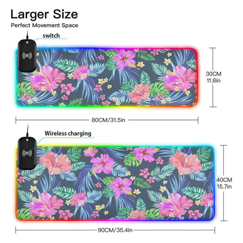Hibiscus Palms Daisies Flowers Wireless Charging Mouse Pad for Mobile Phone Extra Large Gaming Mousepad with 13 Lighting Modes Keyboard Mat for MacBook PC Laptop Desk Office Home Gaming
