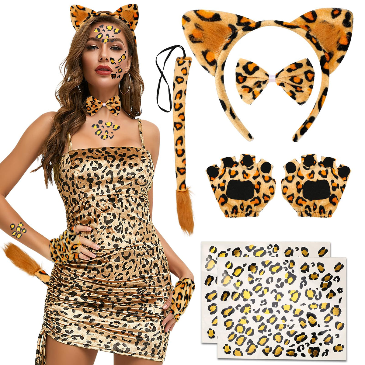 Hifot 7 Pieces Leopard Costume Set for Women Kids,Leopard Ears Headband Bow Tie Tail Earings Gloves Leopard Print Temporary Tattoo Animal Fancy for Halloween Cosplay Carnival Party