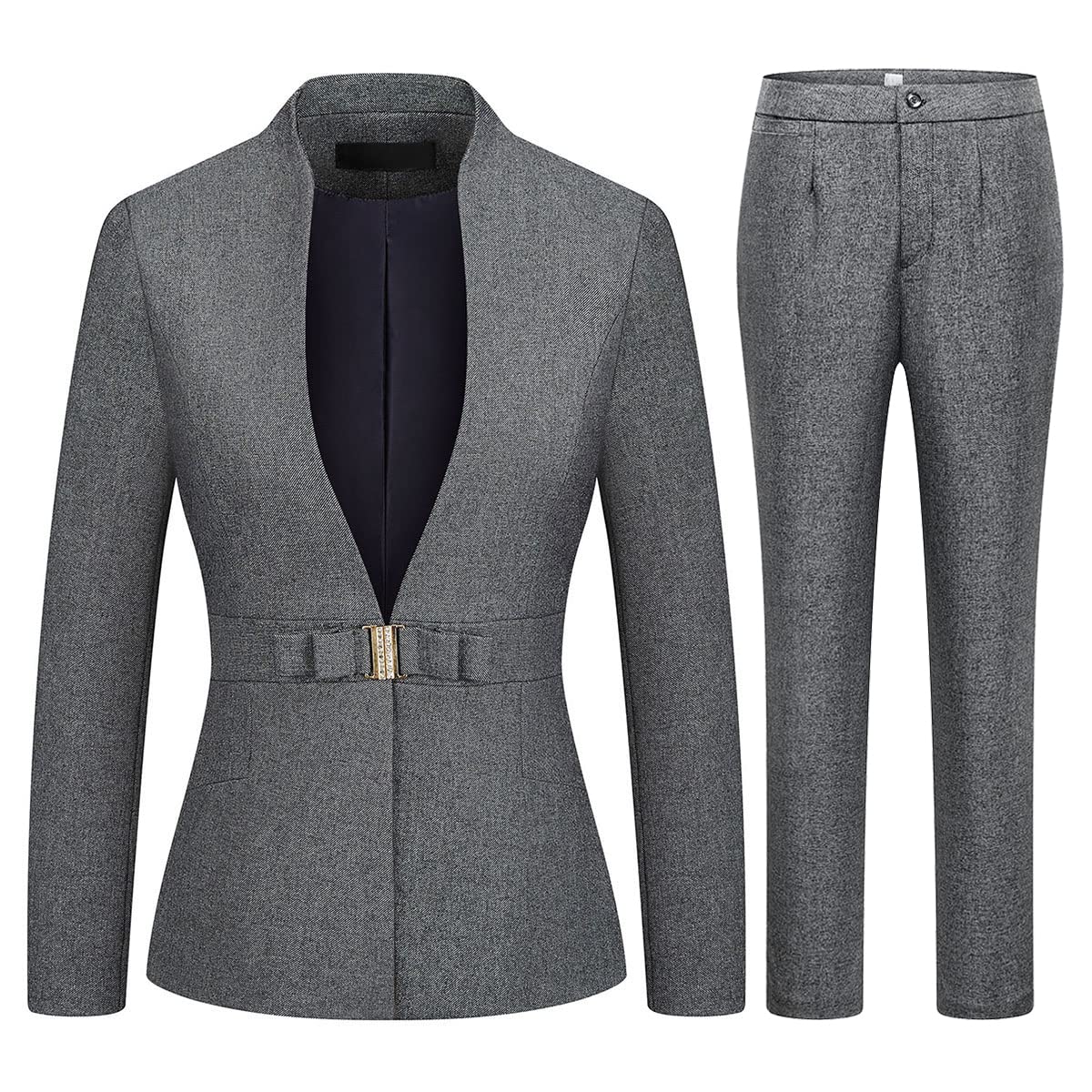 MODFUL Women's Business Pant Suit Set 2 Piece Slim Fit Blazer Jacket One Button Buckle Closure Lady Work Suit for Office (Grey, Medium)