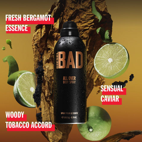 Diesel Bad Deodorizing Body Spray for Men, Seductive, Fresh, Masculine and Sexy Scent, Notes of Bergamot, Tobacco and Caviar Accord