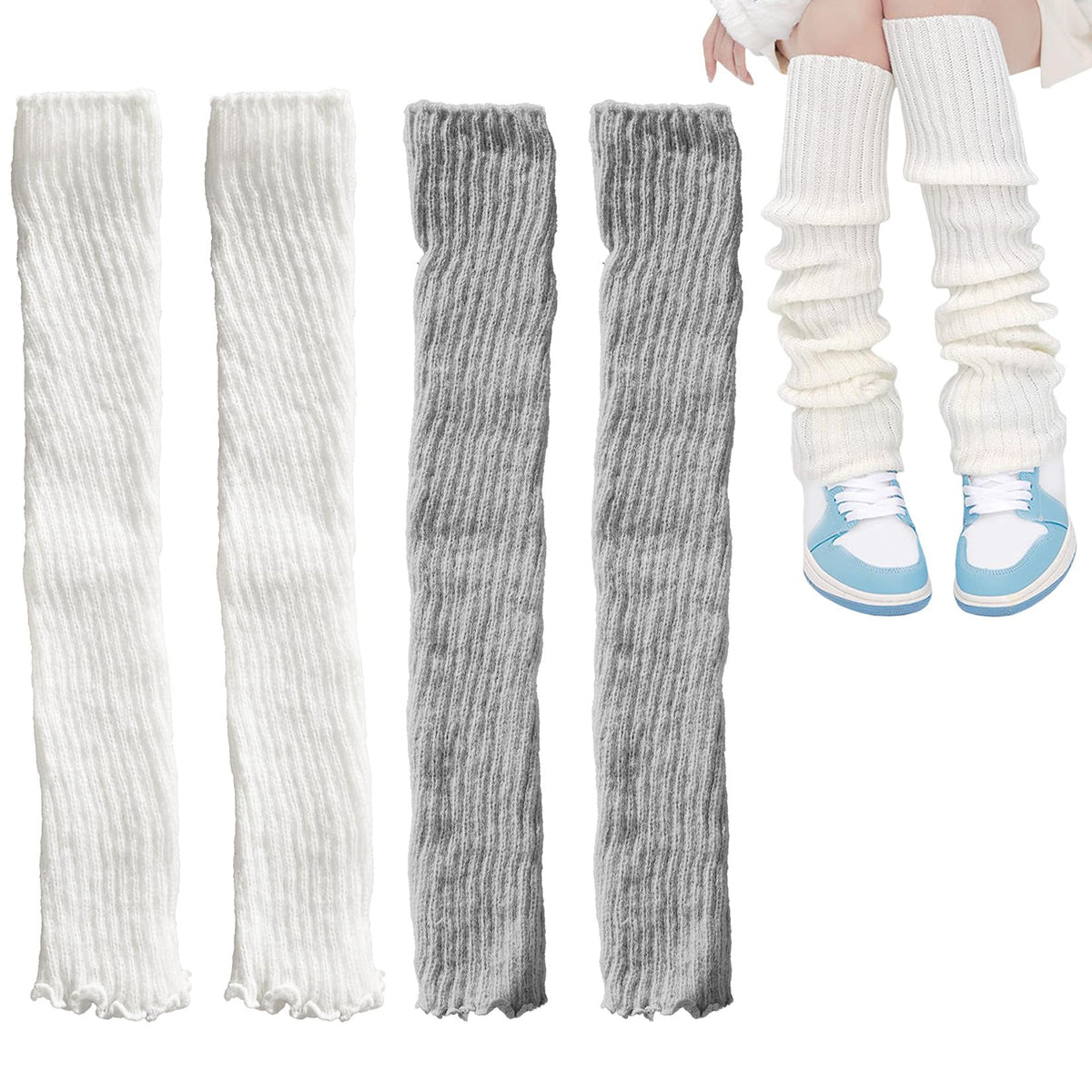 TOOINKCV 2 Pairs Knitted Leg Warmers for Women Ladies, 80s Women Leg Warmers, Winter Boot Cuffs Warm Knee Warmers for Girls, Kawaii Crochet Legwarmers Knee Socks (White Grey, 40cm)