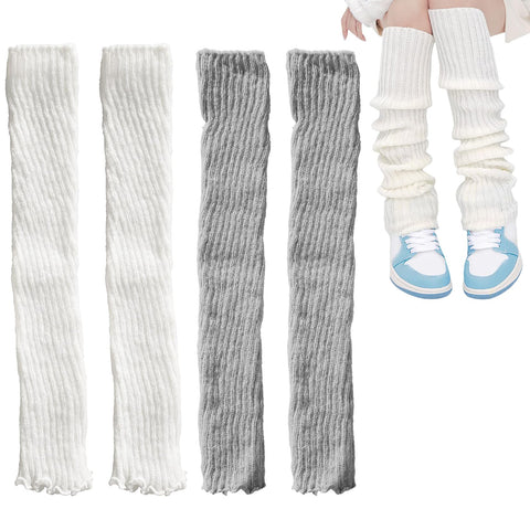 TOOINKCV 2 Pairs Knitted Leg Warmers for Women Ladies, 80s Women Leg Warmers, Winter Boot Cuffs Warm Knee Warmers for Girls, Kawaii Crochet Legwarmers Knee Socks (White Grey, 40cm)