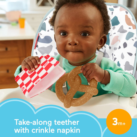 Fisher-Price Pretzel Teether, Pretend food BPA-free Infant Teething Toy with Crinkle for Babies ages 3 months and Older, Multi