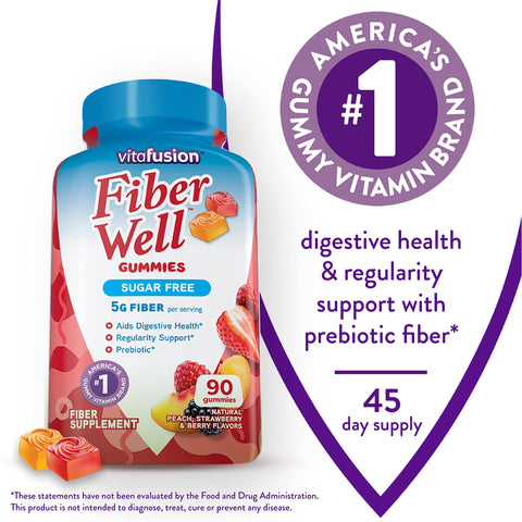 Vitafusion Fiber Well Sugar Free Fiber Supplement, Peach, Strawberry And Blackberry Flavored Supplements, 90 Count