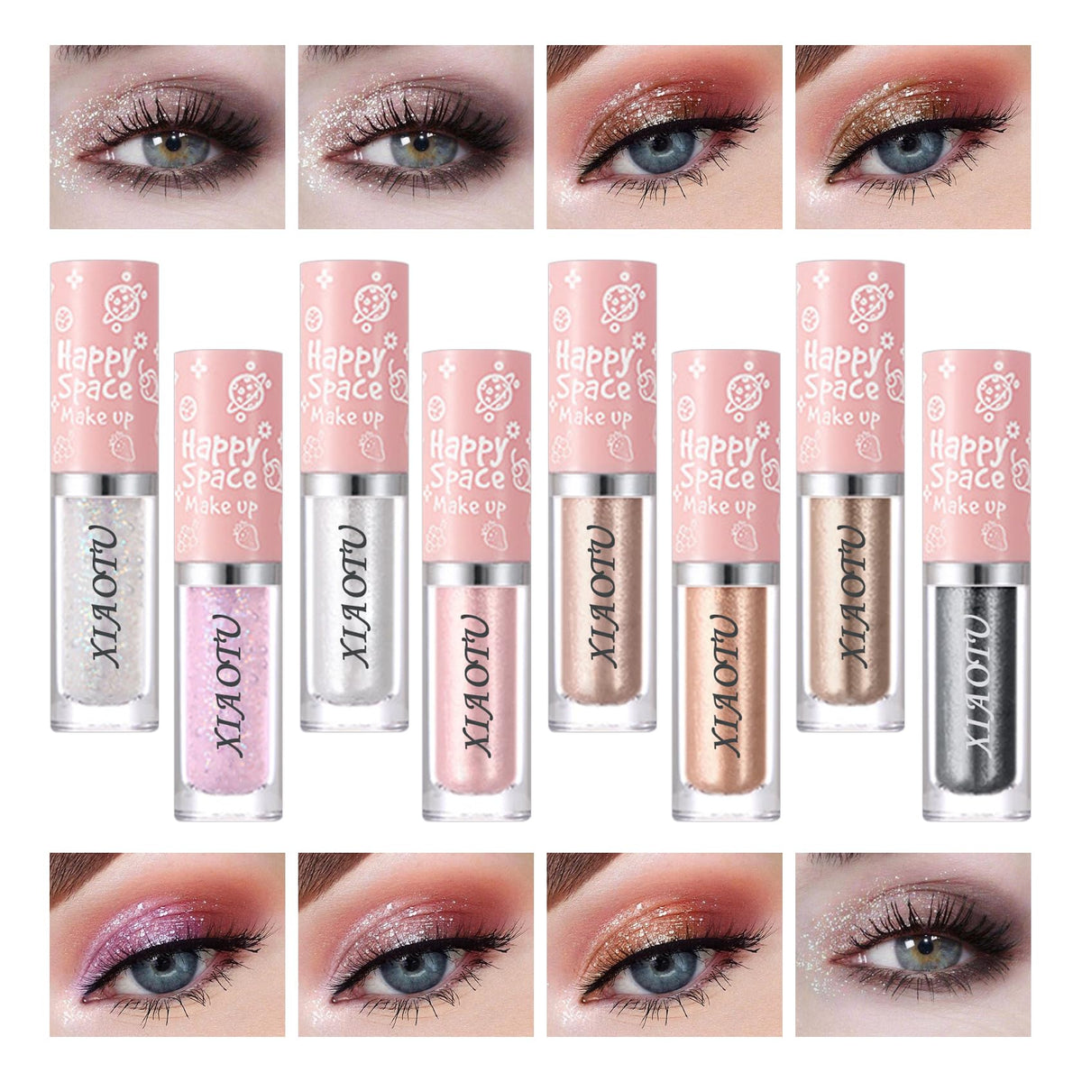 XiaoTu 8PCS Glitter Liquid Eyeshadow Set,Highlighting Shimmer Sparkle Eyeshadow Makeup Set,Waterproof Long Lasting Shining Eye Shadow Sticks Eye Glitter Makeup Kits for Women