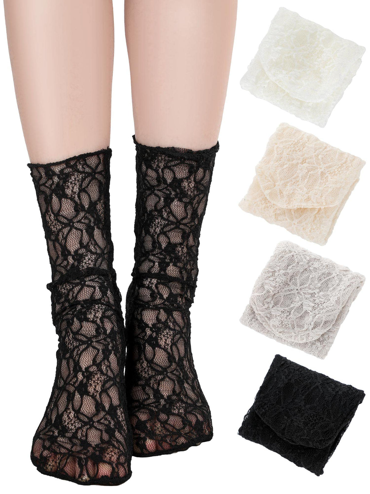 Geyoga 4 Pairs Women's Lace Ankle Socks Ruffle Frilly Mesh Loose Slouch High Socks for Women(Black, White, Gray, Apricot,5-8)