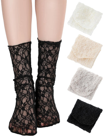 Geyoga 4 Pairs Women's Lace Ankle Socks Ruffle Frilly Mesh Loose Slouch High Socks for Women(Black, White, Gray, Apricot,5-8)