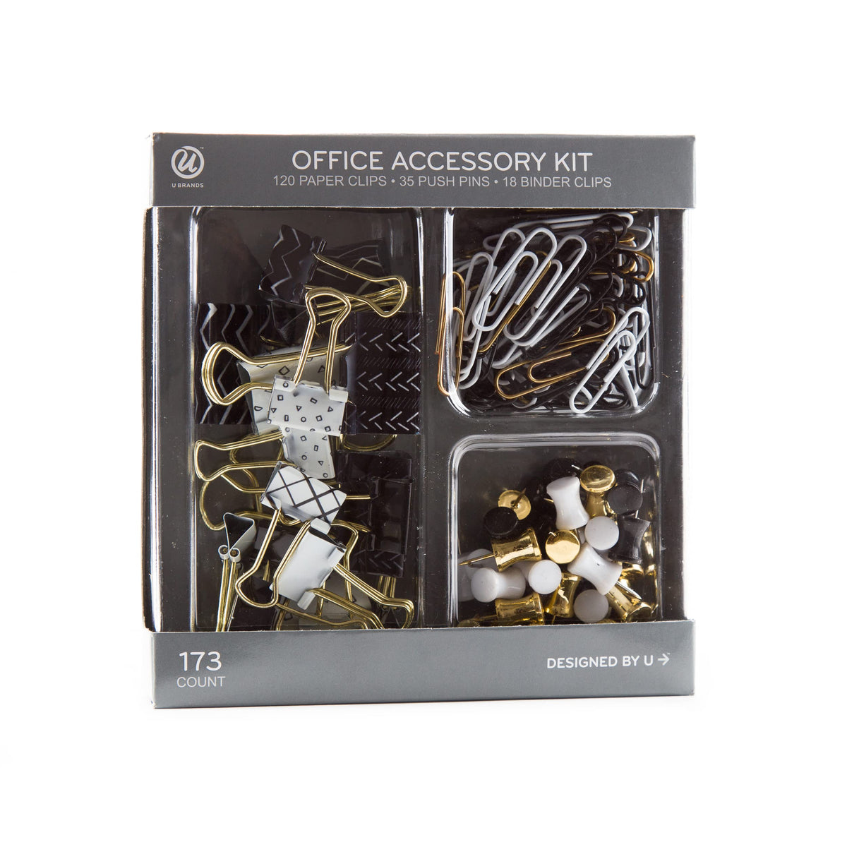 U Brands Office Accessory Kit, Office Supplies, Black and White with Gold, Push Pins, Paper and Binder Clips, 173 Count