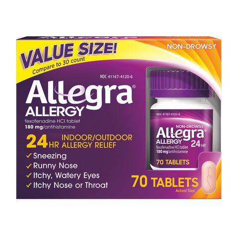 Allegra Adult 24HR Non-Drowsy Antihistamine, 70 Tablets, Fast-acting Allergy Symptom Relief, 180 mg