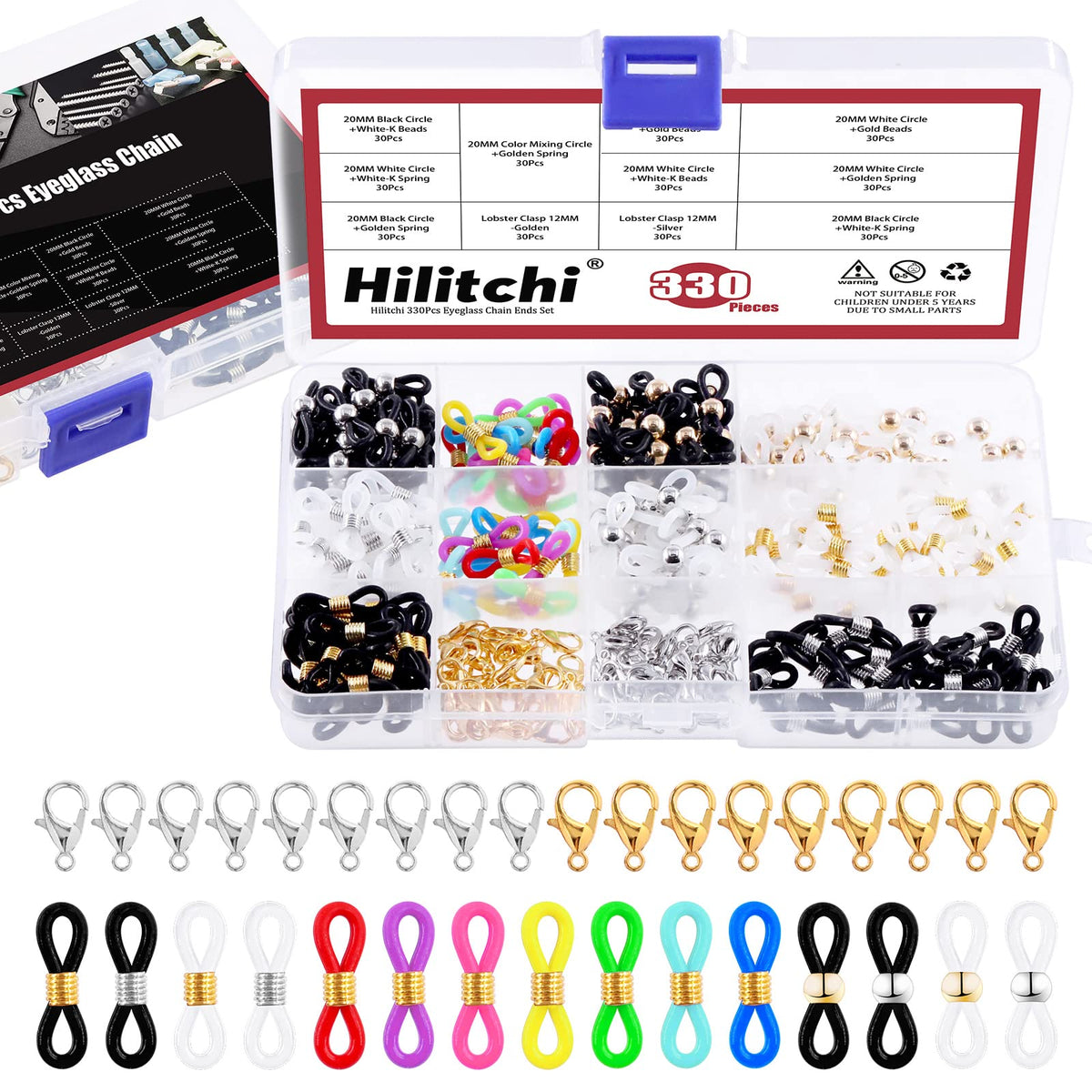 Hilitchi 330Pcs 9 Styles Adjustable Silicone Colorful Eyeglass Chain Ends Kit, 270Pcs Anti-Slip Ends Retainer Eyeglass Strap with 60 Pieces Lobster Clasp