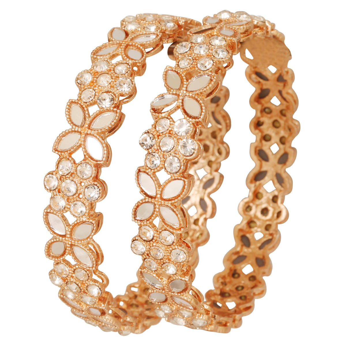 Touchstone New Indian Bollywood Handcrafted Floral Work Traditional Mughal Kundan Polki Diamond Look Designer Jewelry Thick Bracelets Bangle In Gold Tone. Set Of 2. For Women.