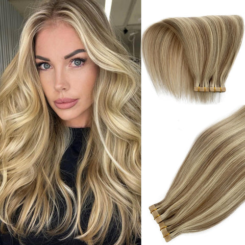 Balayage Brown Tape in Hair Extensions Human Hair,Balayage Walnut Brown to Platinum Blonde Hair Extensions Tape in Highlightes Hair Extensions Brown Roots Tape in Extensions 20Pieces 50G