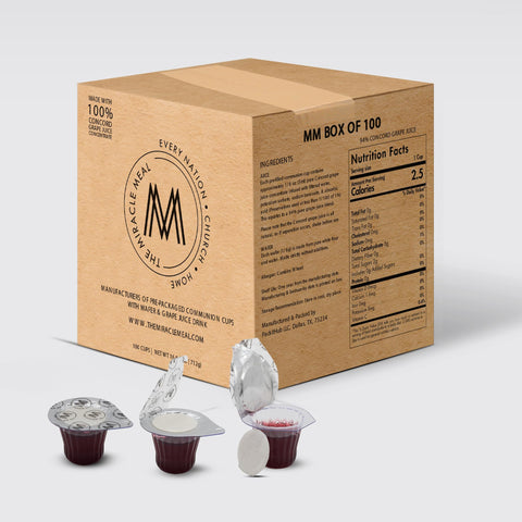 The Miracle Meal Pre-filled Communion Cups and Wafer Set - Box of 100 - Made with Concord Grape Juice & Wafer-Made in the USA