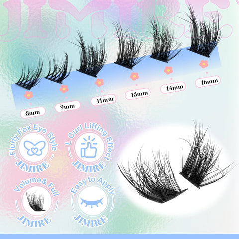 JIMIRE Fox Eye Lash Exteniosn Kit Natural Look Wispy Lash Cluster Kit L Curl Cluster Eyelash Extensions Kit with Lash Bond and Seal Cat Eye Lash Clusters Fluffy Individual Lashes 144Pcs 8 Pairs Pack