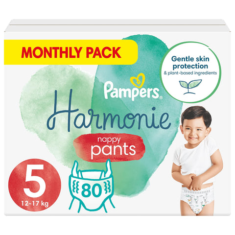 Pampers Baby Nappy Pants Size 5 (12-17 kg/26-37 Lb), Harmonie, 80 Nappies, MONTHLY SAVINGS PACK, Gentle Skin Protection and Plant-Based Ingredients