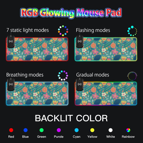 Flower Leaves Wireless Charging Mouse Pad for Mobile Phone Extra Large Gaming Mousepad with 13 Lighting Modes Mouse Mat for MacBook PC Laptop Desk Office Home Gaming