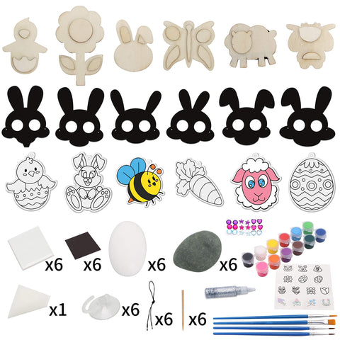 JOYIN 48 PCS Easter Craft Kit Easter Assorted DIY Painting Kit includes Rocks, Scratch Art Masks, Wooden Eggs and Magnets for Kids Creativity Easter Basket Stuffers, Easter Party Favor, Easter Events