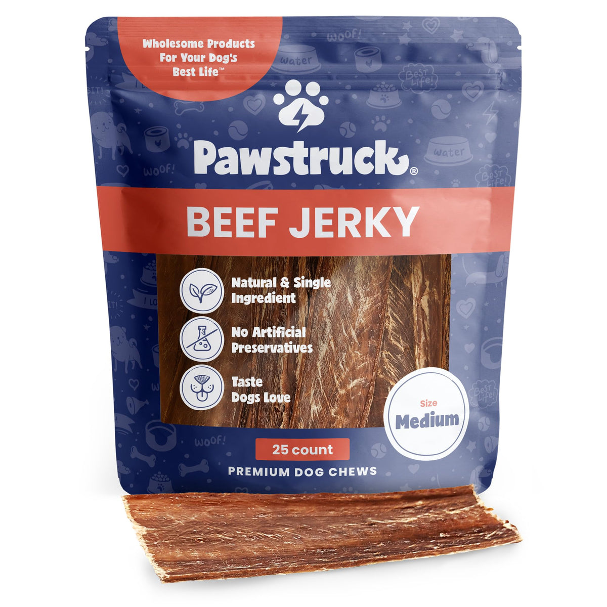 Pawstruck Premium Beef Jerky Dog Treat Chews, Medium 4"-6" Strips - Hip Joint Health Naturally Rich in Glucosamine & Chondroitin No Added Preservatives - 25 Count (Pack of 1) - Packaging May Vary